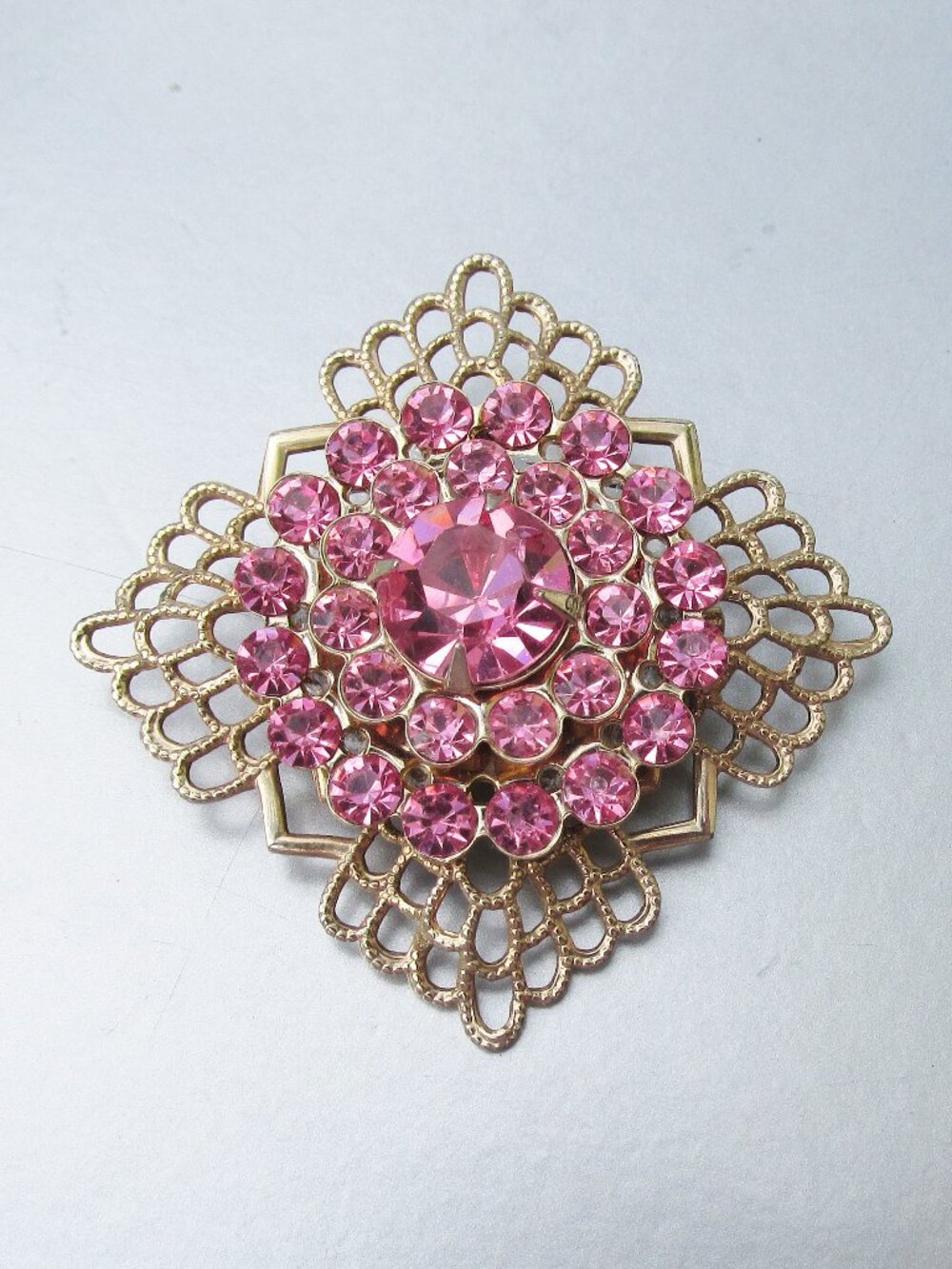 Vintage Fancy Gold-Tone Open Work Pink Rhinestone Square Brooch Pin